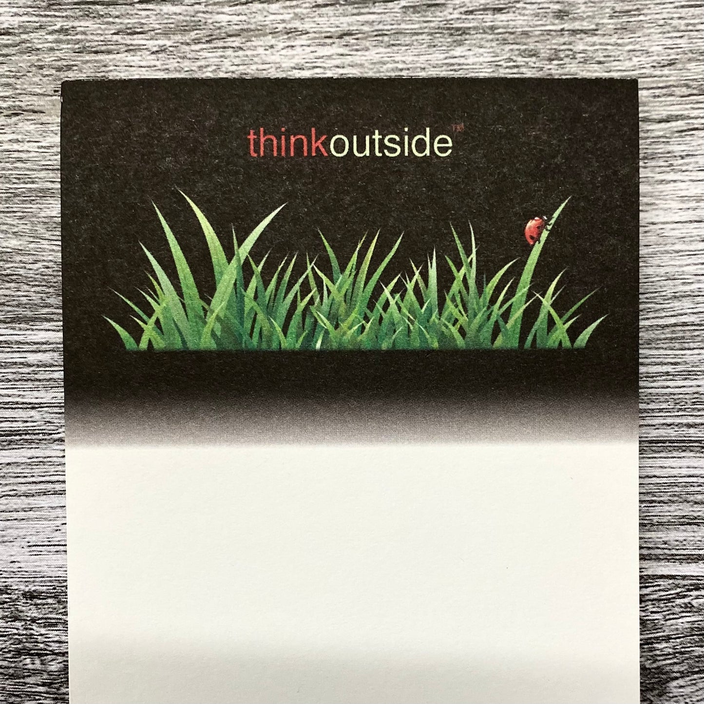 A notepad of 50 sheets of paper featuring a drawing of blades of grass with a ladybug. It also includes the phrase Think Outside