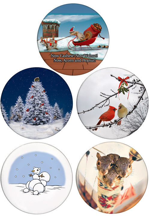 Christmas Sleight Squirrels, Stocking Stuffer Squirrels, Christmas Tree Squirrel, Cardinal Kiss, Snowman Squirrel | 4 pack | Christmas Coaster Set