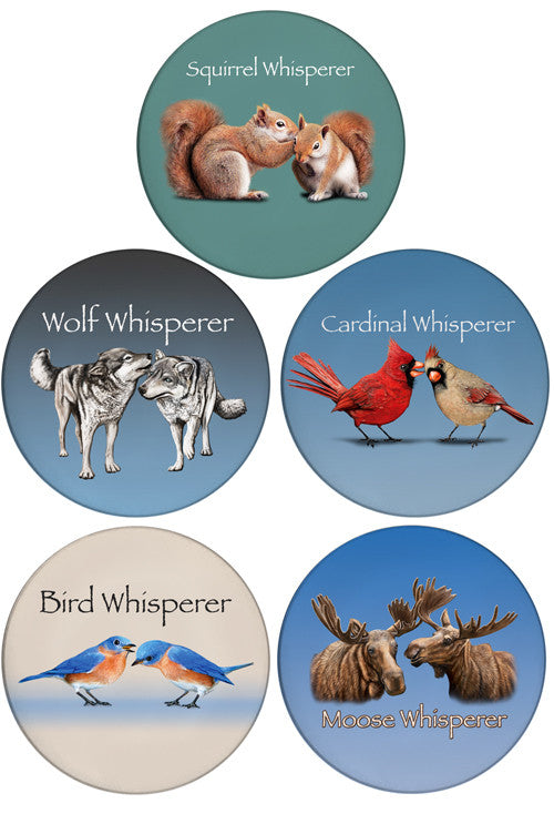 The Whisperer Collection | Choose 4 Designs from: Whisperer Coasters: Squirrel Whisperer, Bird Whisperer, Cardinal Whisperer, Wolf Whisperer & Moose Whisperer| 5 pack