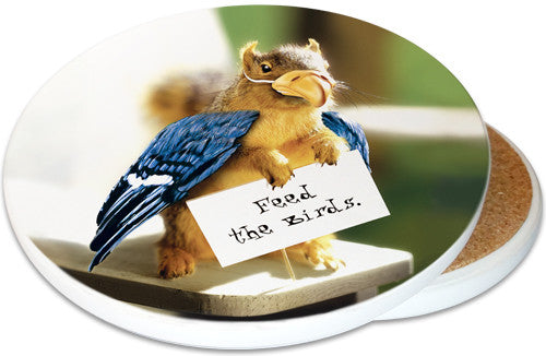 Feed the Birds Sandstone Ceramic Coaster | Image shows front and cork back