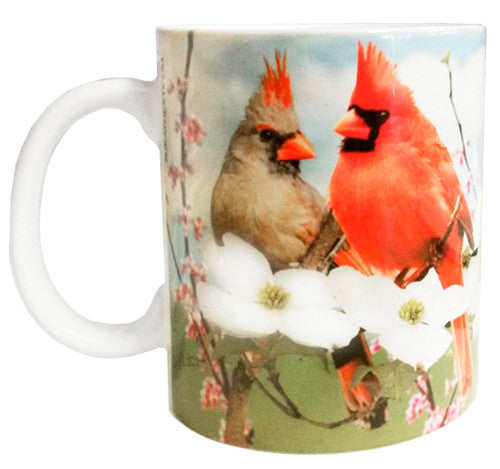 Spring Male and Female Cardinals with purple flowers Mug