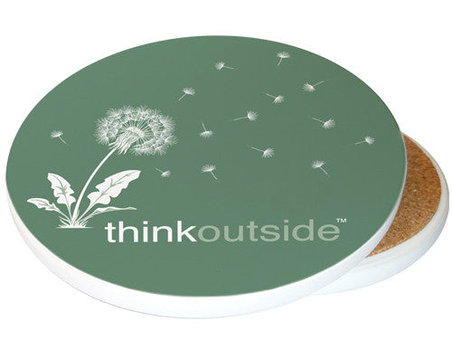 Think Outside Dandelion Sandstone Ceramic Coaster| Image shows front and cork back