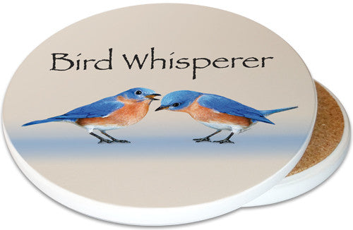 Bird Whisperer Ceramic Coaster | Image shows front and cork back | Bluebird Coaster