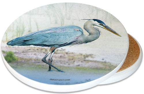 Blue Heron Sandstone Ceramic Coaster | Image shows front and cork back