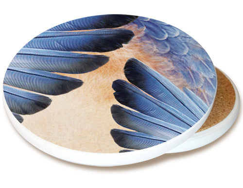 Bluebird Feather Sandstone Ceramic Coaster | Image shows front and cork back