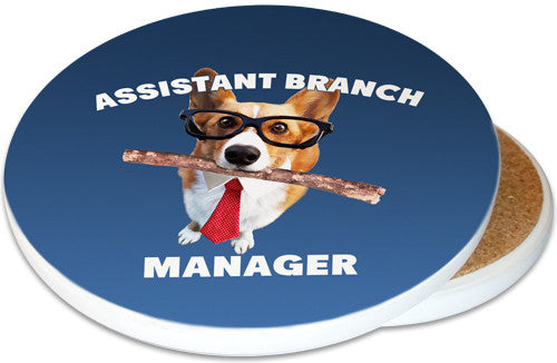 Assistant Branch Manager Corgi Sandstone Ceramic Coaster | Dog Coaster | Image shows front and cork back