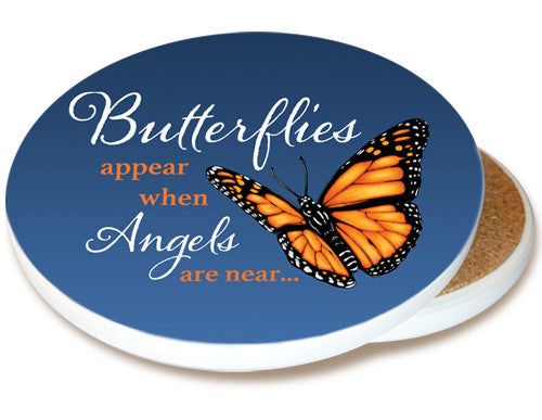 Butterflies appear when Angels are near Sandstone Ceramic Coaster | Memorial Butterfly | Image shows front and cork back