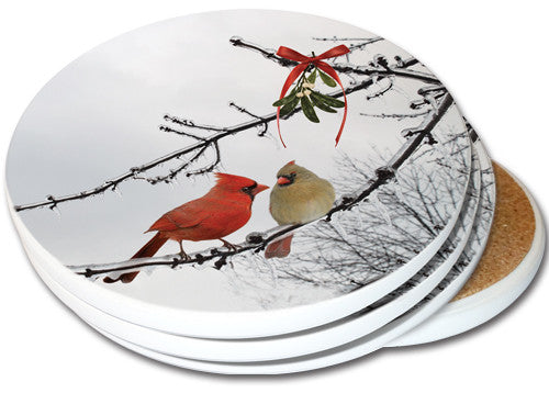 Cardinal Kiss Sandstone Ceramic Coasters | 4pack | Holiday Coasters