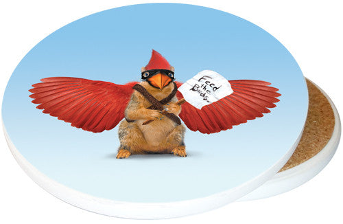 Feed the Cardinal Whisperer Sandstone Ceramic Coaster | Image shows front and cork back