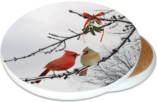 Cardinal Kiss Sandstone Ceramic Coaster | Christmas Cardinals | Image shows front and cork back