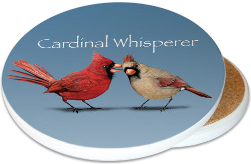 Cardinal Whisperer Sandstone Ceramic Coaster | Bird Coaster | Image shows front and cork back