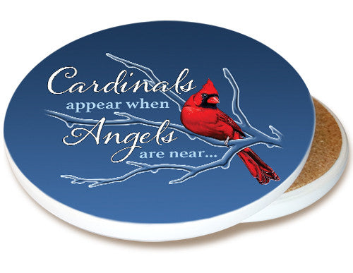 Cardinals appear when Angels are near Sandstone Ceramic Coaster | memorial bird | Image shows front and cork back