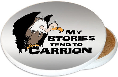 My Stories tend to Carrion Sandstone Ceramic Coaster | Image shows front and cork back