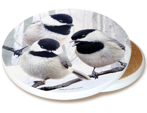 Winter Chickadee Sandstone Ceramic Coaster | Image shows front and cork back