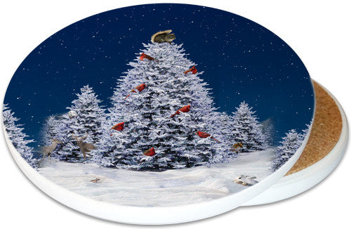 Squirrel Christmas Tree Sandstone Ceramic Coaster | Christmas Coaster