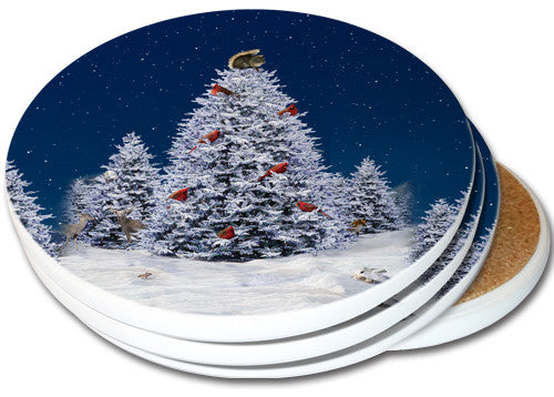 Squirrel Christmas Tree Sandstone Ceramic Coaster | 4pack | Christmas Coasters 