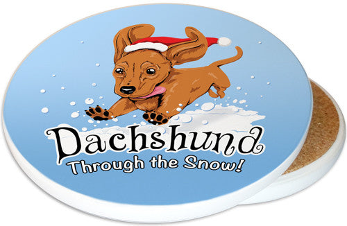 Dachshund Through the Snow Sandstone Ceramic Coaster | Image shows front and cork back
