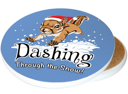 Dashing Through the Snow Squirrel Sandstone Ceramic Coasters | Image shows front and cork back