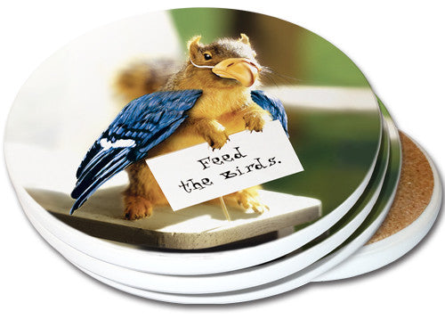 Feed the Birds Sandstone Ceramic Coaster | 4pack | Funny Squirrel