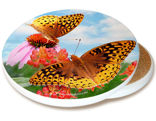 Fritillary Butterfly Sandstone Ceramic Coaster | Butterfly Coaster | Image shows front and cork back