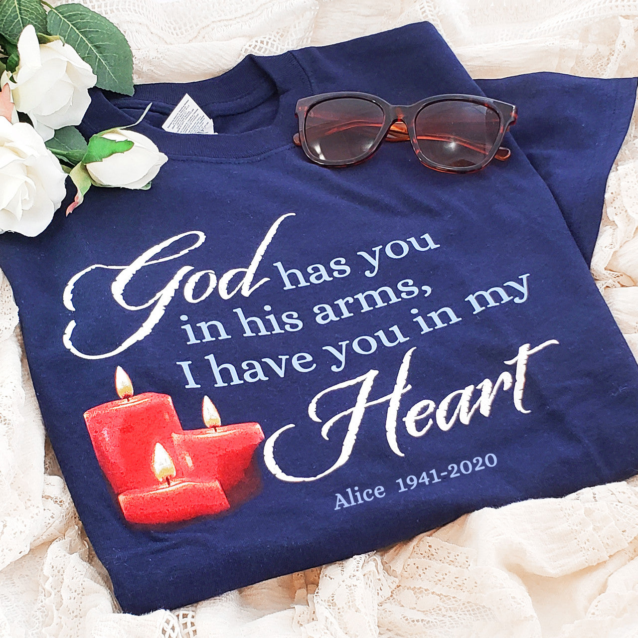 God has you in his arms, I have you in my Heart | Personalized Memorial T-shirt