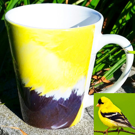 Goldfinch Feather Latte Mug | 12 oz. ceramic | Bird Mug