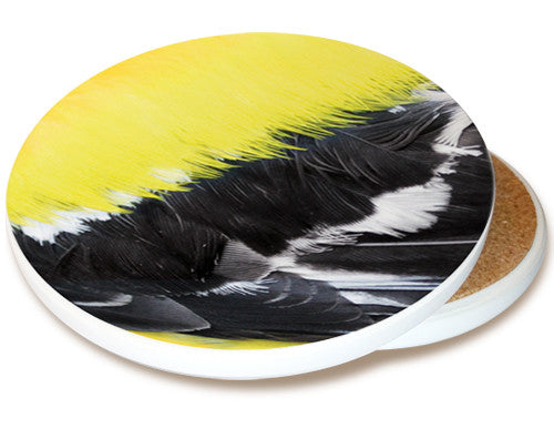 Goldfinch Feather Sandstone Ceramic Coaster | Image shows front and cork back