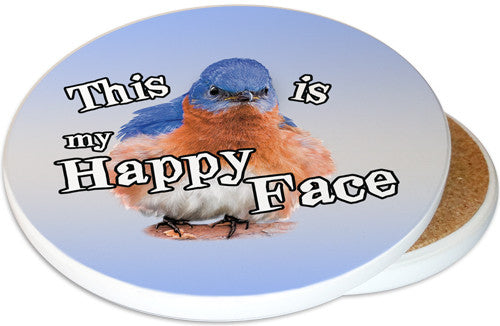 This is my Happy Face Sandstone Ceramic Coaster| Image shows front and cork back