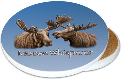 Moose Whisperer Sandstone Ceramic Coaster | Cool Moose Coaster | Image shows front and cork back