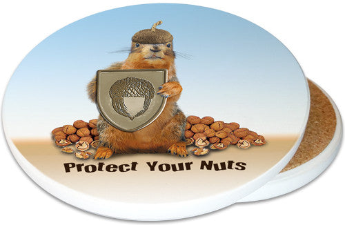 Protect Your Nuts Sandstone Ceramic Coaster | Image shows front and cork back