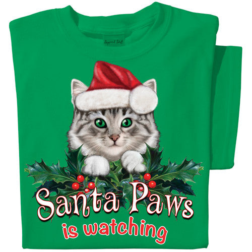 Santa Paws is Watching Cat | Green T-shirt | Funny Christmas Cat T-shirt