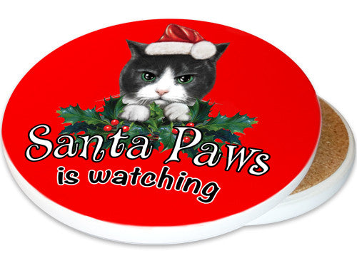 Santa Paws Sandstone Ceramic Coasters | Image shows front and cork back