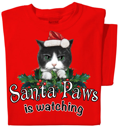 Santa Paws is Watching T-shirt | Christmas Cat tee