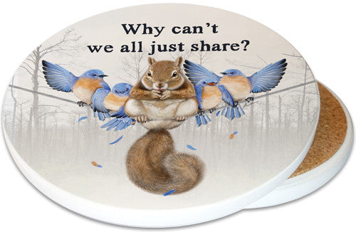 Why can't we all just share? Ceramic Coaster | Image shows front and cork back