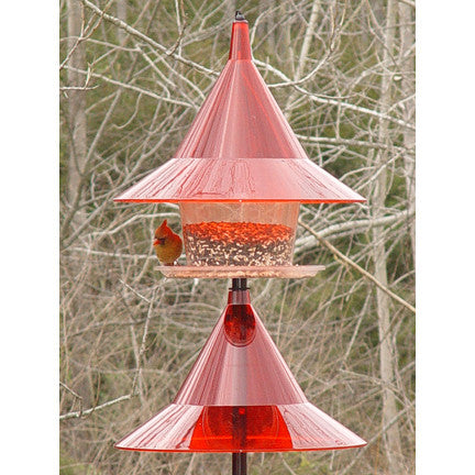 Ruby red SkyCafe bird feeder and squirrel-away pole mount baffle kit
American Made Bird Feeder