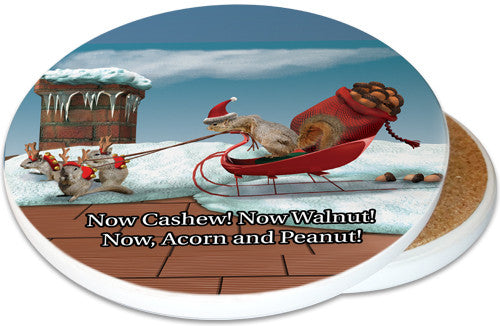 Christmas Sleigh Squirrels Coaster | Christmas Coaster | Image shows front and cork back