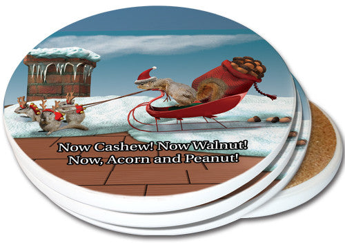 Christmas Sleigh Squirrels Sandstone Ceramic Coaster | 4pack | Christmas Coasters