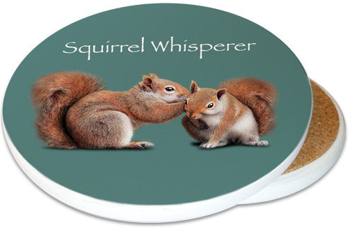 Squirrel Whisperer Ceramic Coaster | Image shows front and cork back