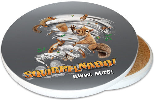 Squirrelnado! Aww Nuts Sandstone Ceramic Coaster | Image shows front and cork back