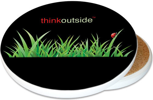 Think Outside Grass Sandstone Ceramic Coaster | Ladybug Grass| Image shows front and cork back