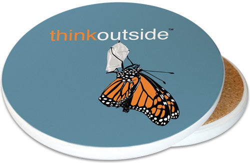 ThinkOutside Monarch Ceramic Coaster | Image shows front and cork back