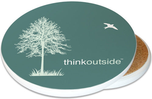 Think Outside Tree Sandstone Ceramic Coaster | Image shows front and cork back