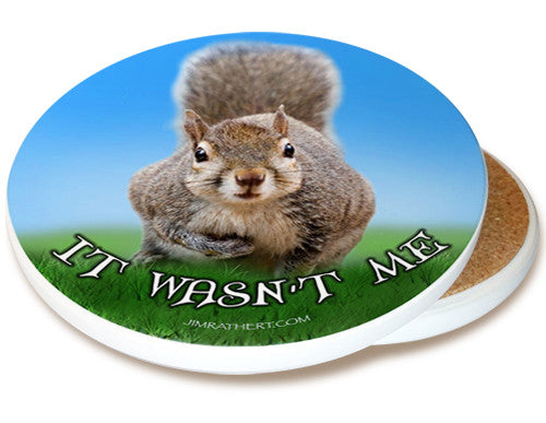 It Wasn't Me Sandstone Ceramic Coaster | Funny Squirrel Coaster | Image shows front and cork back