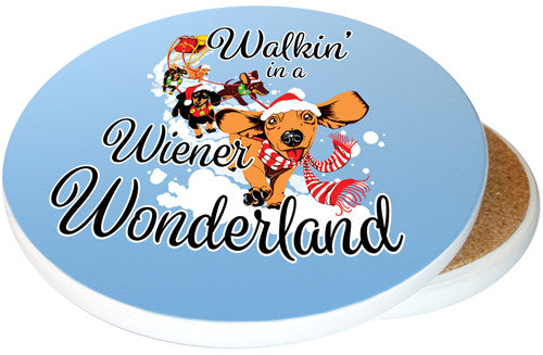 Walkin' in a Wiener Wonderland Dachshund Coasters | Image shows front and cork back