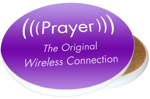 Prayer, the original wireless connection | Inspirational Coaster | Image shows front and cork back