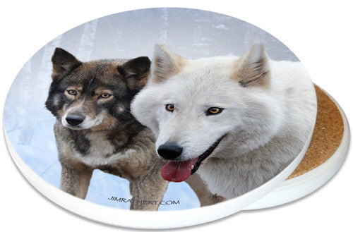 Timber Wolves in Snow Sandstone Ceramic Coaster | Wolf Coaster | Image shows front and cork back