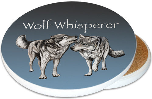 Wolf Whisperer Sandstone Ceramic Coaster | Wolf Coaster | Image shows front and cork back