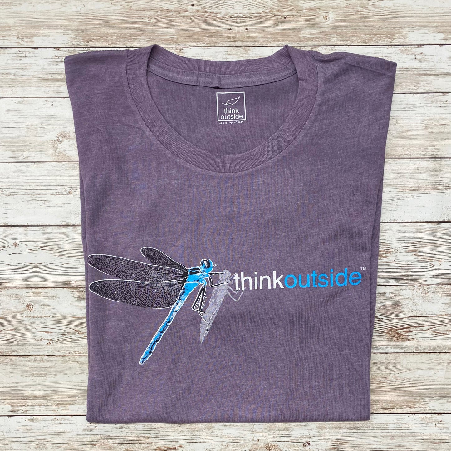 Blue dragonfly clinging to its empty shell on a super soft heather purple outdoor lover's graphic tee. Features the phrase Think Outside.