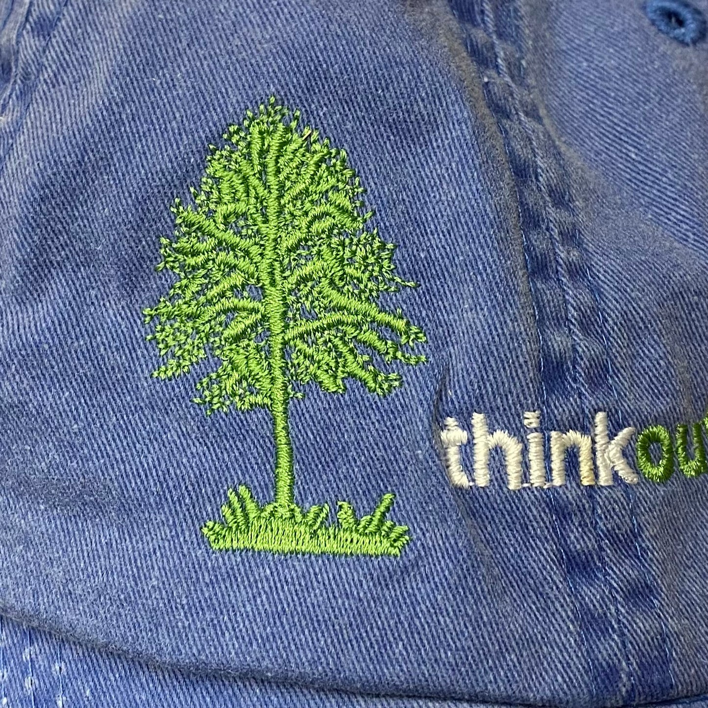 Periwinkle blue garment washed low profile baseball cap with a green embroidered silhouette of a tree and bird and the words Think Outside.