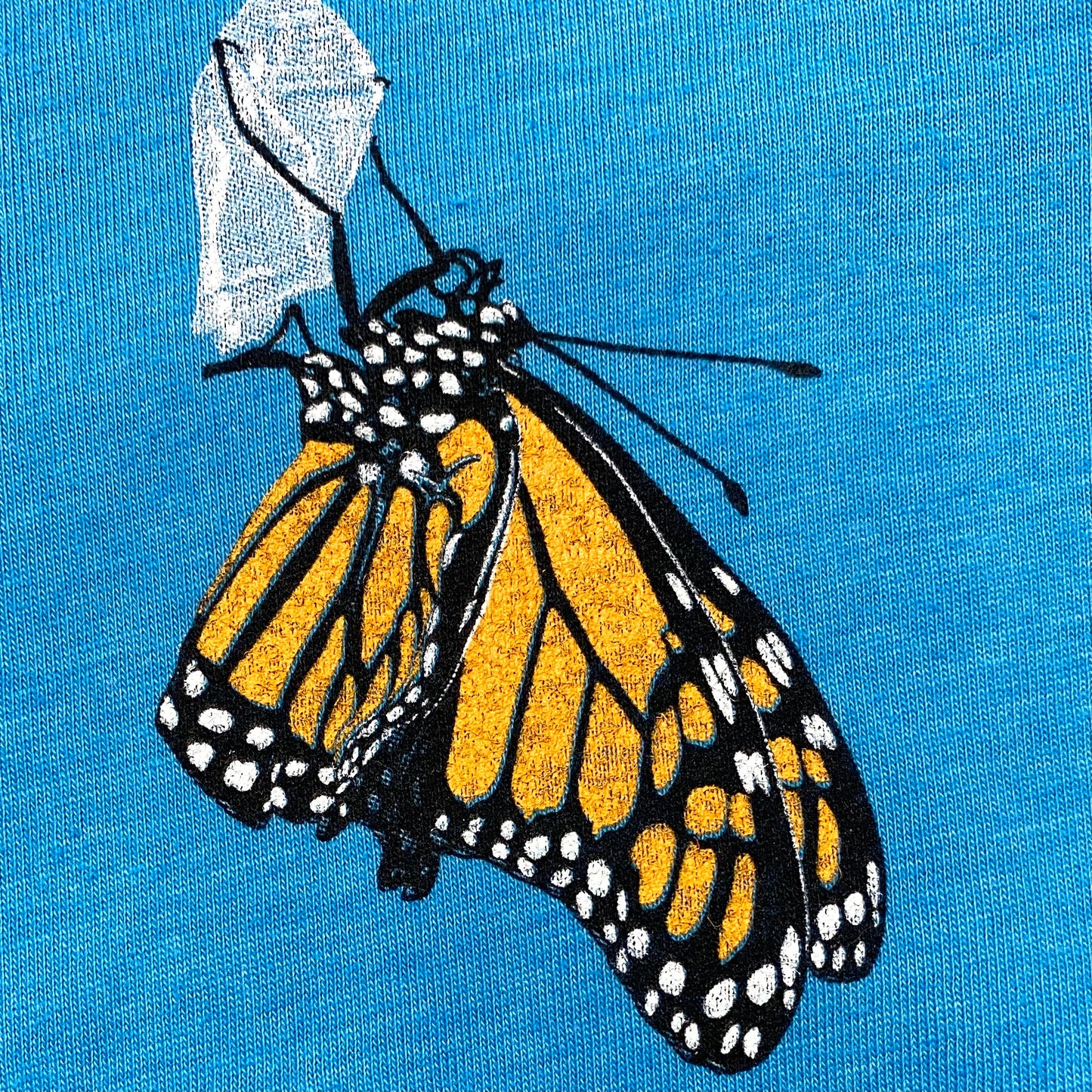Hand drawn Monarch butterfly on a super soft heather aqua graphic tee. Features the phrase Think Outside.